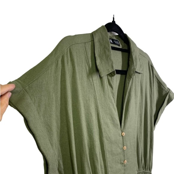 ZARA Dress Midi Shirt Wooden Button Down Olive Green Johnny Collar Elastic Waist - Picture 6 of 10